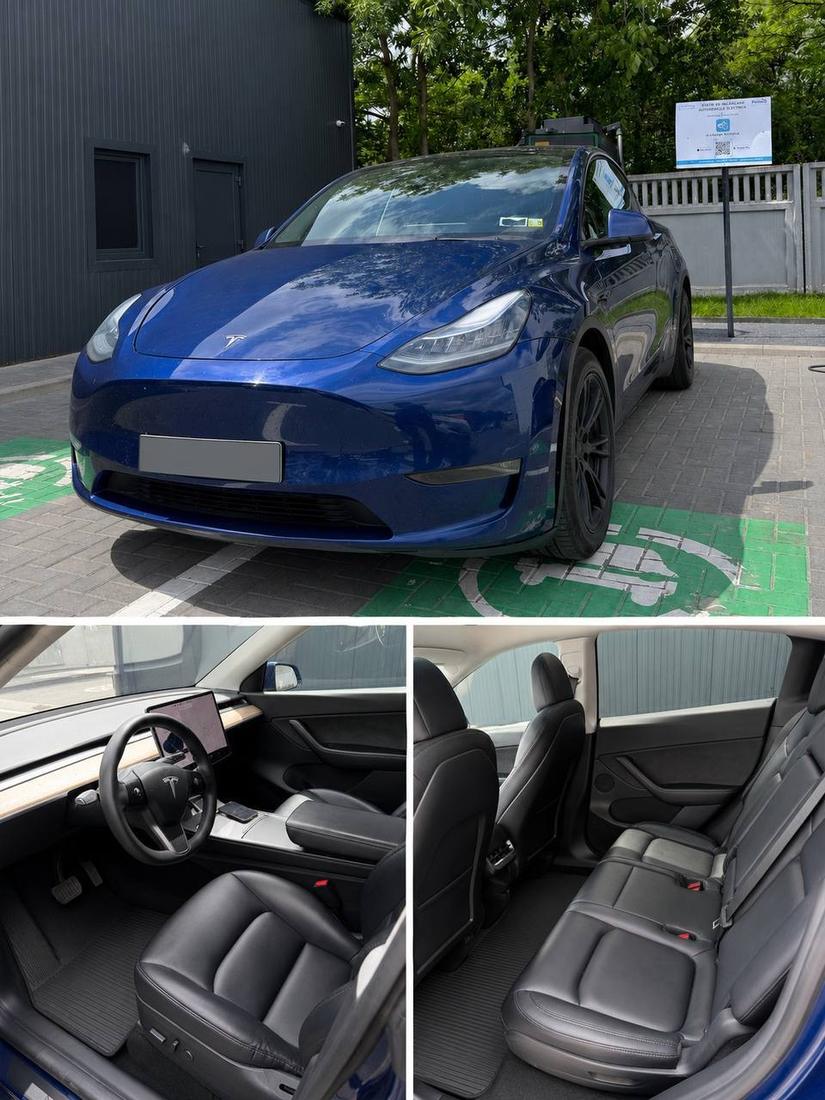 Синяя Tesla Model Y: снаружи, передние и задние сиденья